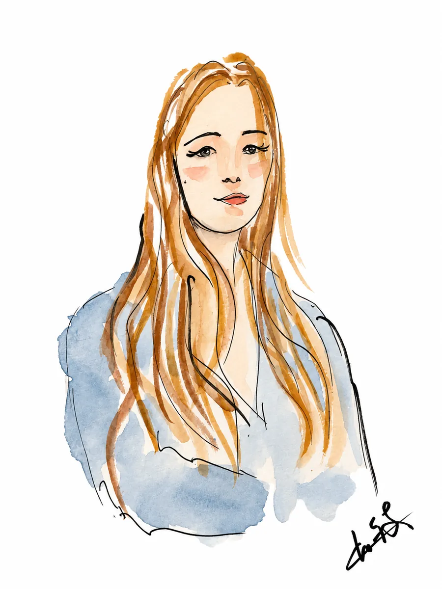 Portrait à l'encre et à l'aquarelle d'une femme aux longs cheveux roux, dessiné en direct